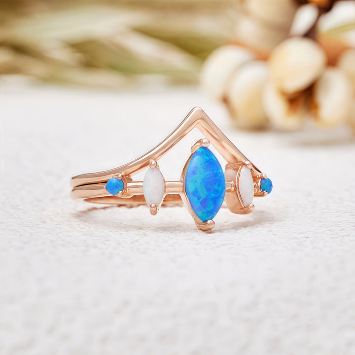 Bague couronne en opale bleue et blanche naturelle Olivenorma