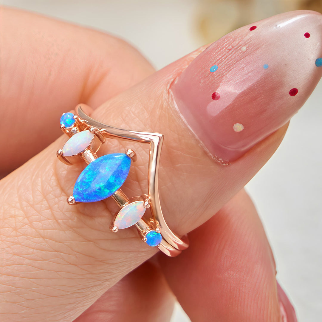 Bague couronne en opale bleue et blanche naturelle Olivenorma