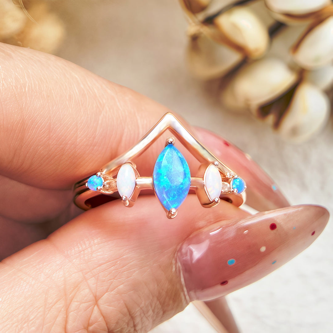 Bague couronne en opale bleue et blanche naturelle Olivenorma