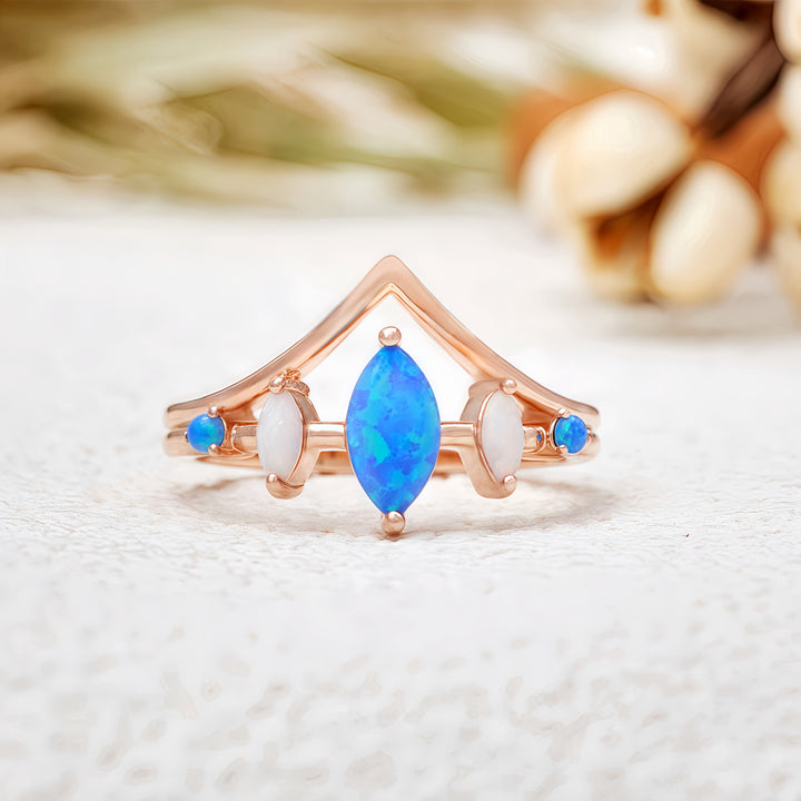 Bague couronne en opale bleue et blanche naturelle Olivenorma