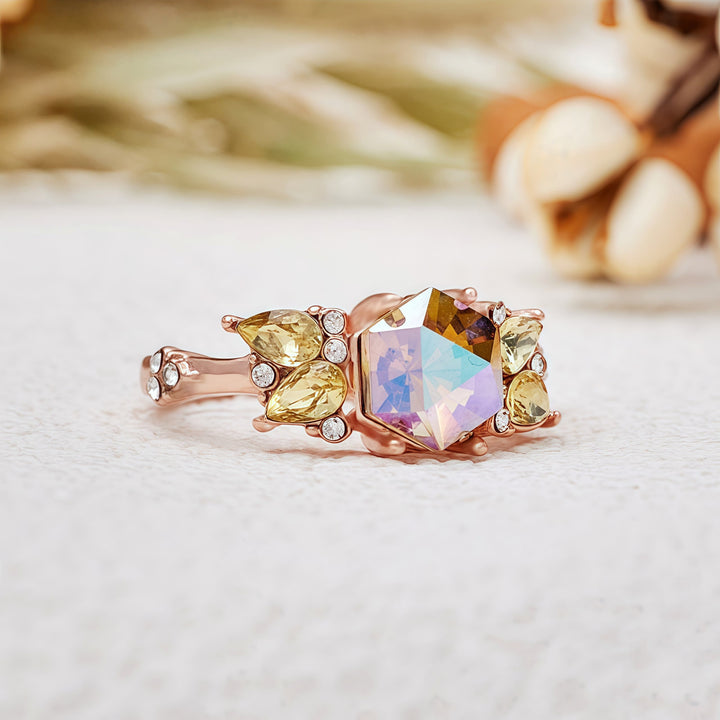 Bague péridot alexandrite à coupe hexagonale Olivenorma