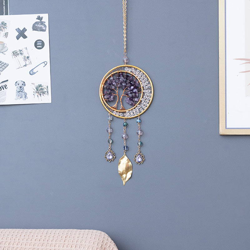 Pendentif carillon éolien en forme de feuille d'améthyste avec arbre de vie Olivenorma