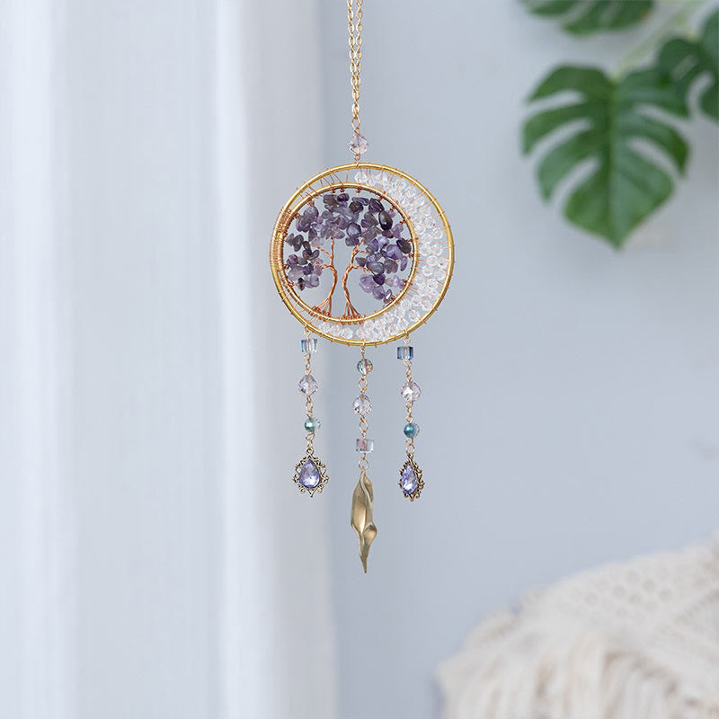 Pendentif carillon éolien en forme de feuille d'améthyste avec arbre de vie Olivenorma