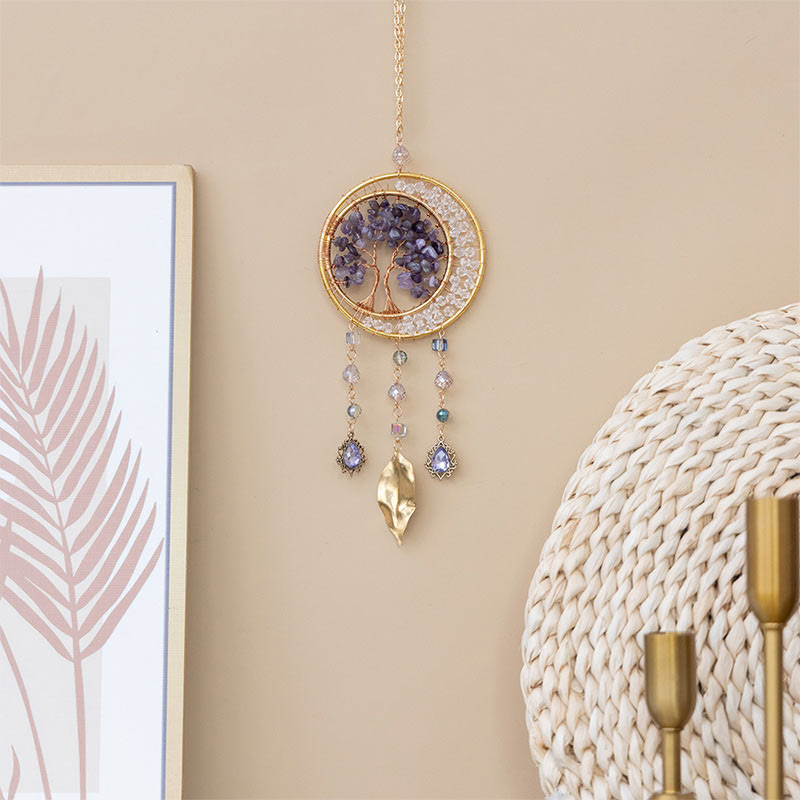 Pendentif carillon éolien en forme de feuille d'améthyste avec arbre de vie Olivenorma