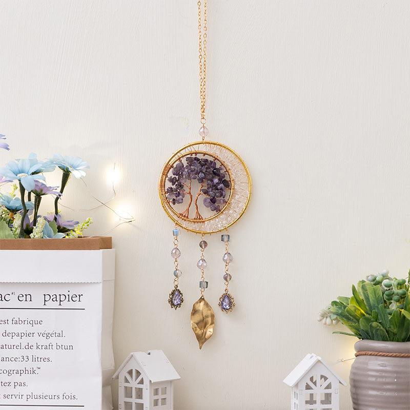 Pendentif carillon éolien en forme de feuille d'améthyste avec arbre de vie Olivenorma