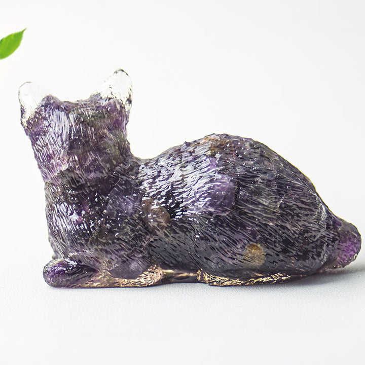 Décoration en pierre précieuse en époxy en forme de chaton couché en gravier cristallin Olivenorma