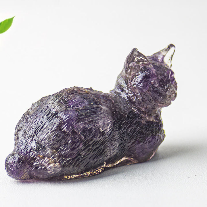 Décoration en pierre précieuse en époxy en forme de chaton couché en gravier cristallin Olivenorma
