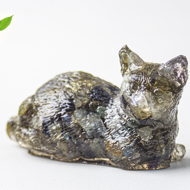 Décoration en pierre précieuse en époxy en forme de chaton couché en gravier cristallin Olivenorma
