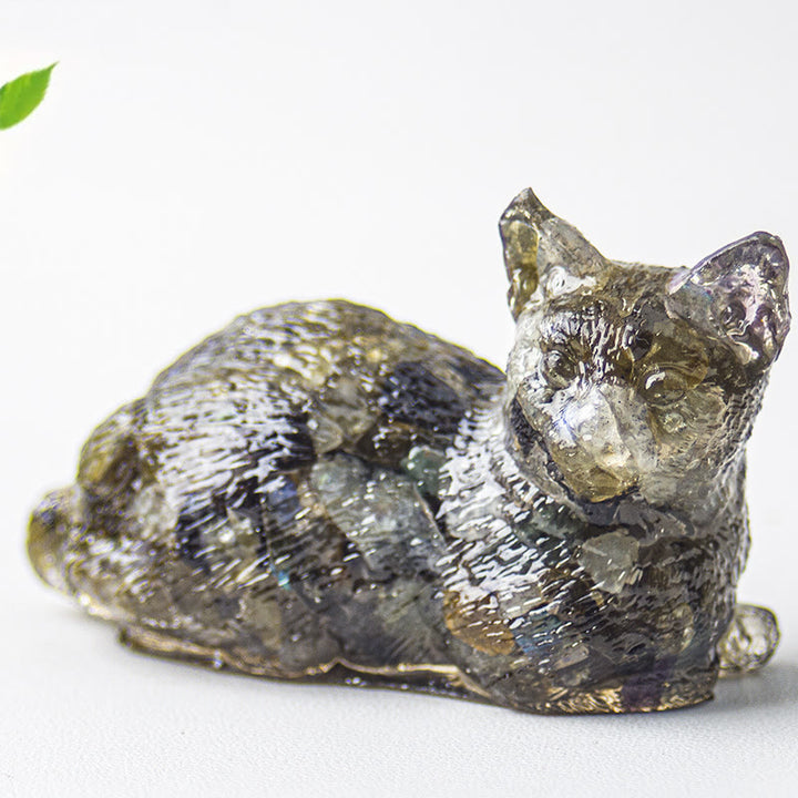 Décoration en pierre précieuse en époxy en forme de chaton couché en gravier cristallin Olivenorma
