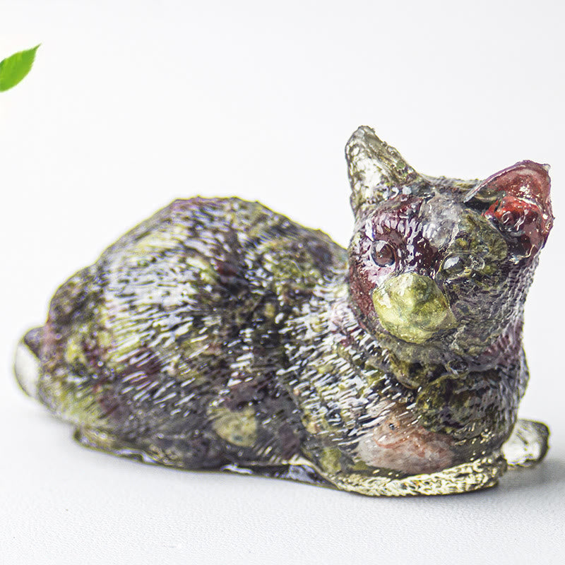 Décoration en pierre précieuse en époxy en forme de chaton couché en gravier cristallin Olivenorma