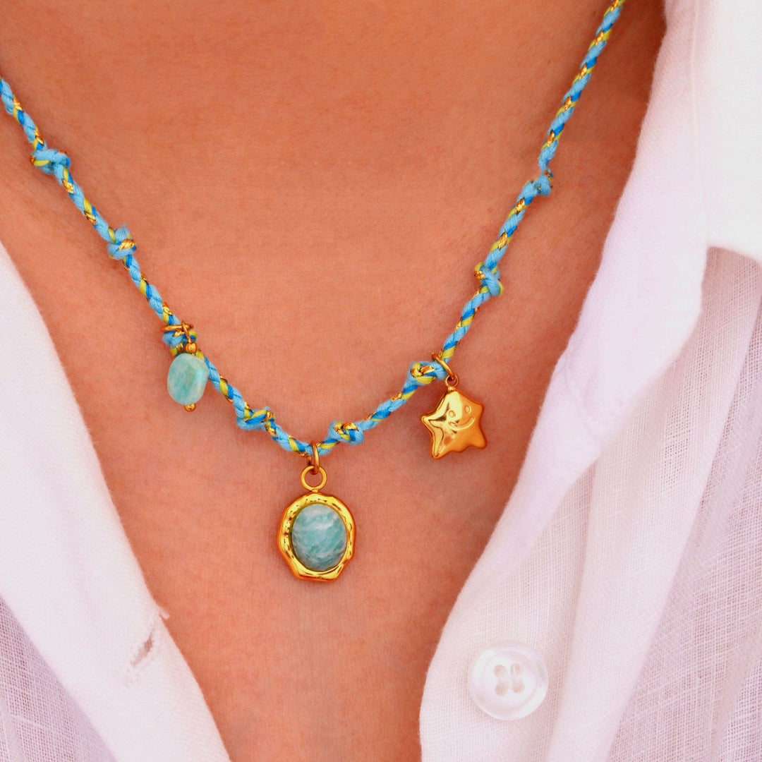 Collier pendentif en pierre naturelle tressée colorée Olivenorma