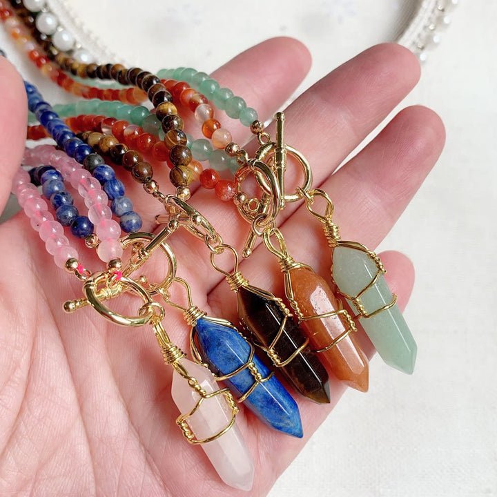 Collier de perles en pierre naturelle avec pendentif colonne hexagonale Olivenorma