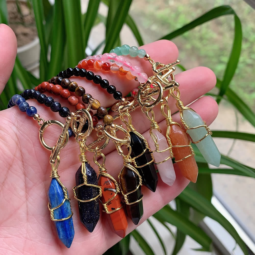 Collier de perles en pierre naturelle avec pendentif colonne hexagonale Olivenorma