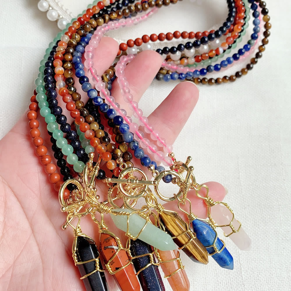 Collier de perles en pierre naturelle avec pendentif colonne hexagonale Olivenorma