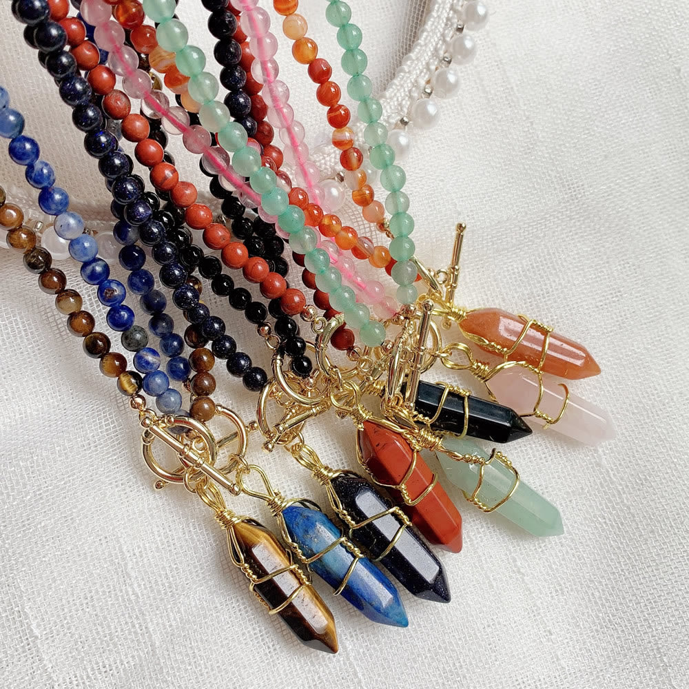 Collier de perles en pierre naturelle avec pendentif colonne hexagonale Olivenorma