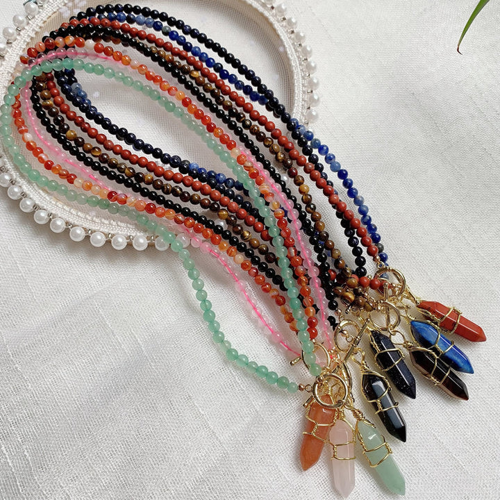 Collier de perles en pierre naturelle avec pendentif colonne hexagonale Olivenorma