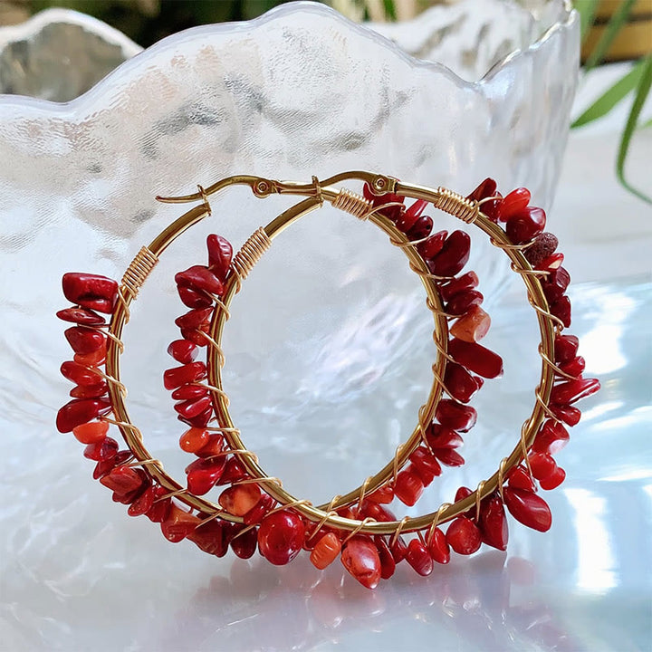 Boucles d'oreilles créoles Olivenorma de style bohème en pierre naturelle et cristal