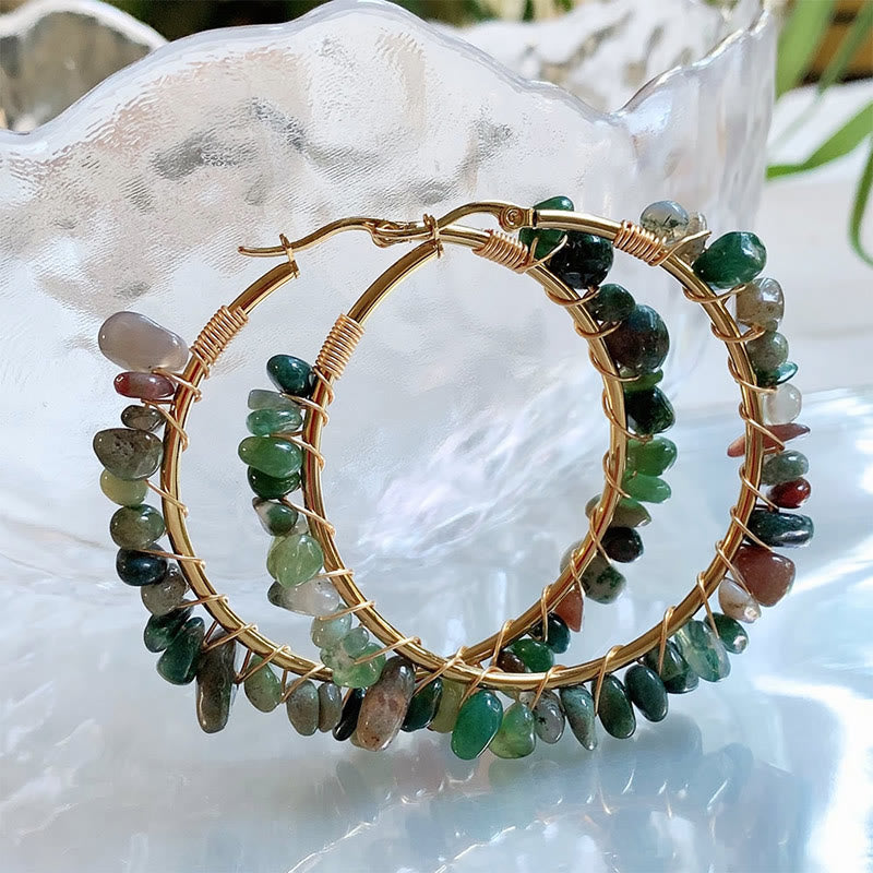 Boucles d'oreilles créoles Olivenorma de style bohème en pierre naturelle et cristal