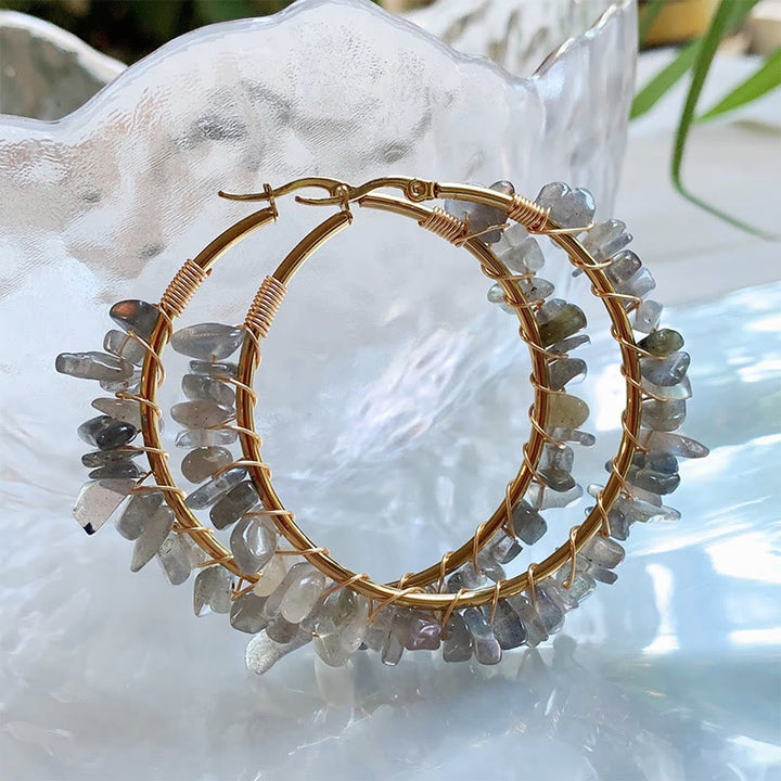 Boucles d'oreilles créoles Olivenorma de style bohème en pierre naturelle et cristal