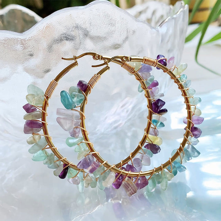 Boucles d'oreilles créoles Olivenorma de style bohème en pierre naturelle et cristal