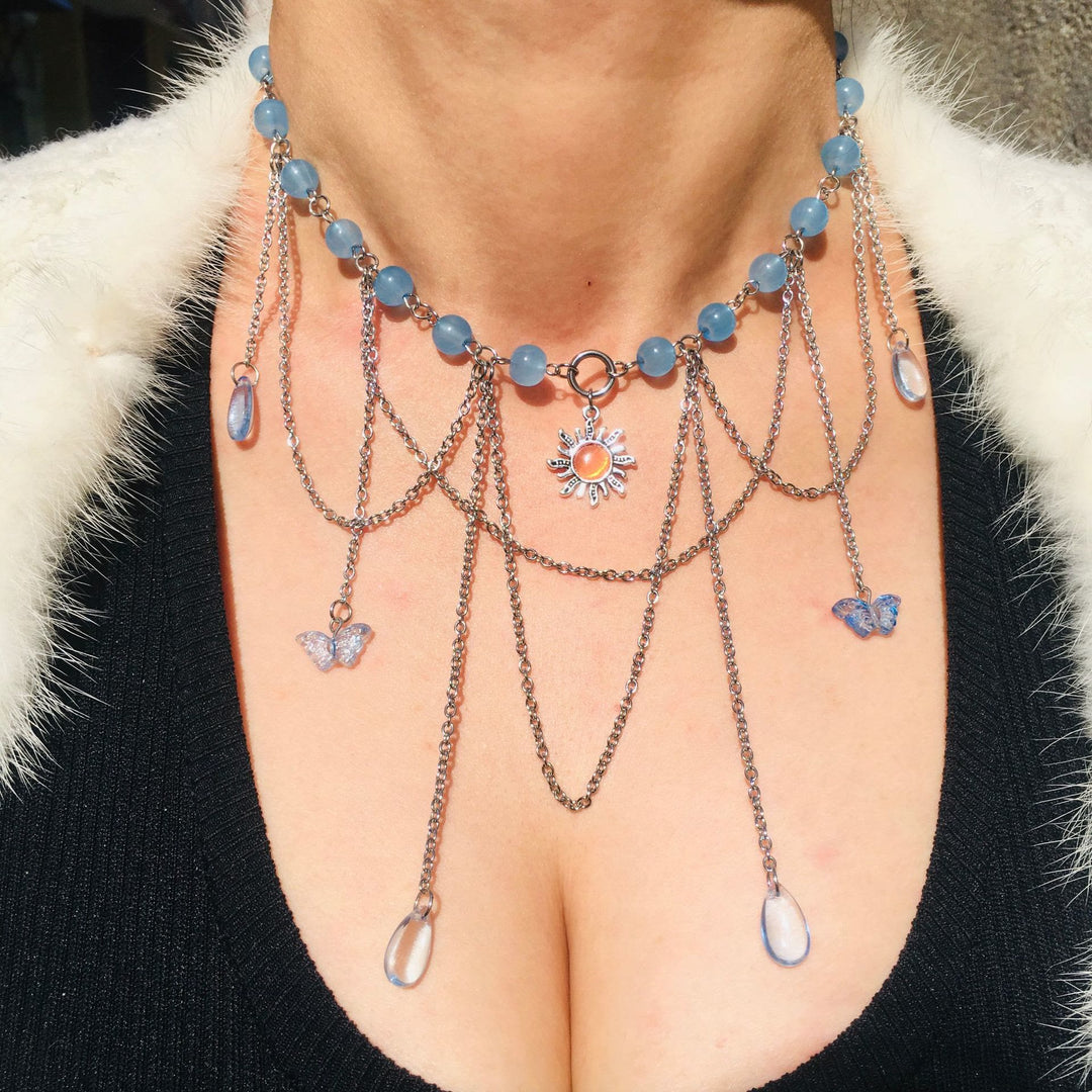 Collier ras du cou superposé Olivenorma Sun Butterfly Aigue-marine