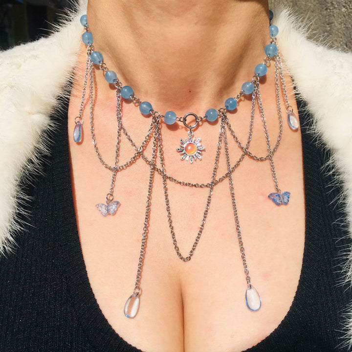 Collier ras du cou superposé Olivenorma Sun Butterfly Aigue-marine