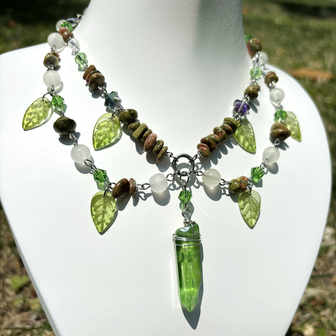 Collier ras du cou multicouche en cristal transparent Unakite et feuille Olivenorma