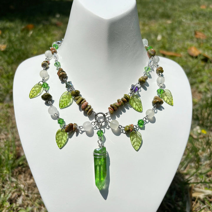 Collier ras du cou multicouche en cristal transparent Unakite et feuille Olivenorma