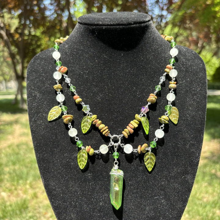 Collier ras du cou multicouche en cristal transparent Unakite et feuille Olivenorma