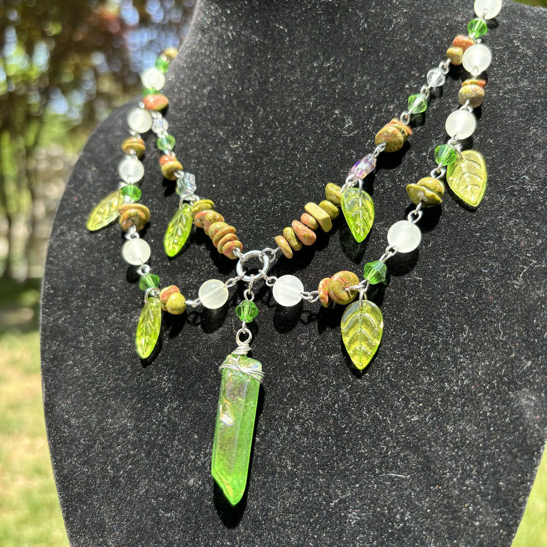 Collier ras du cou multicouche en cristal transparent Unakite et feuille Olivenorma