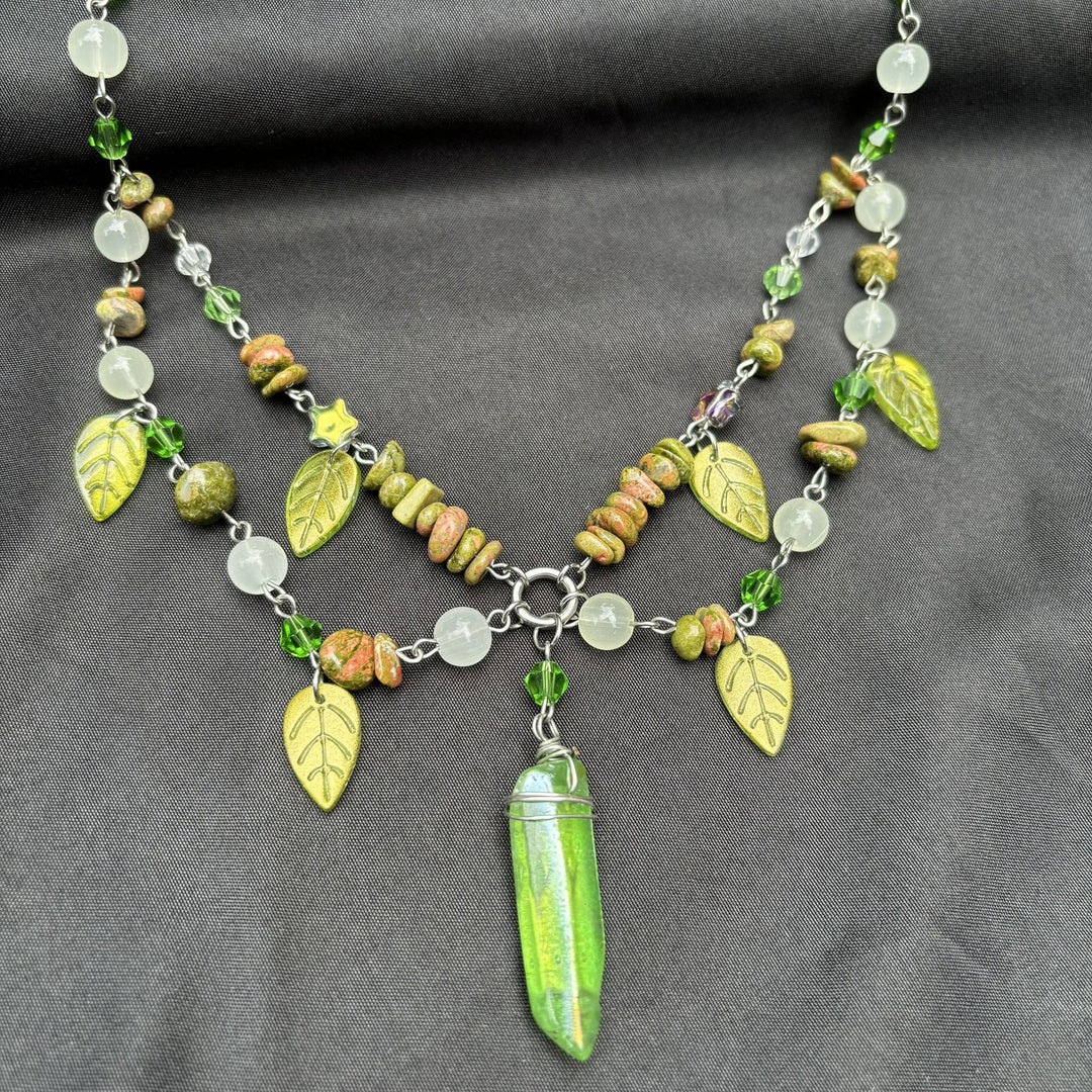 Collier ras du cou multicouche en cristal transparent Unakite et feuille Olivenorma