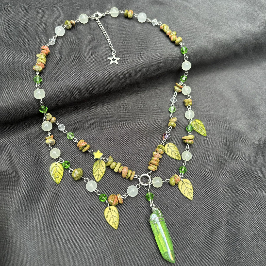 Collier ras du cou multicouche en cristal transparent Unakite et feuille Olivenorma