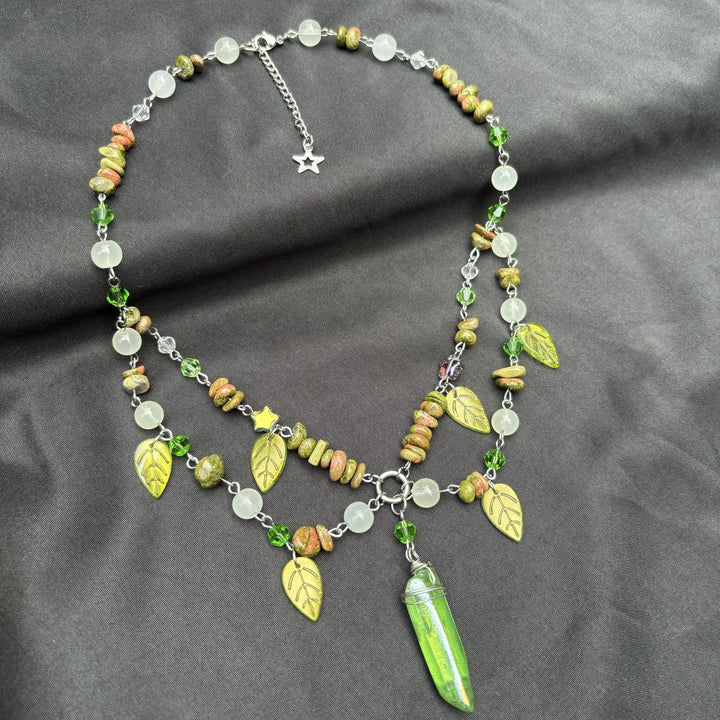 Collier ras du cou multicouche en cristal transparent Unakite et feuille Olivenorma