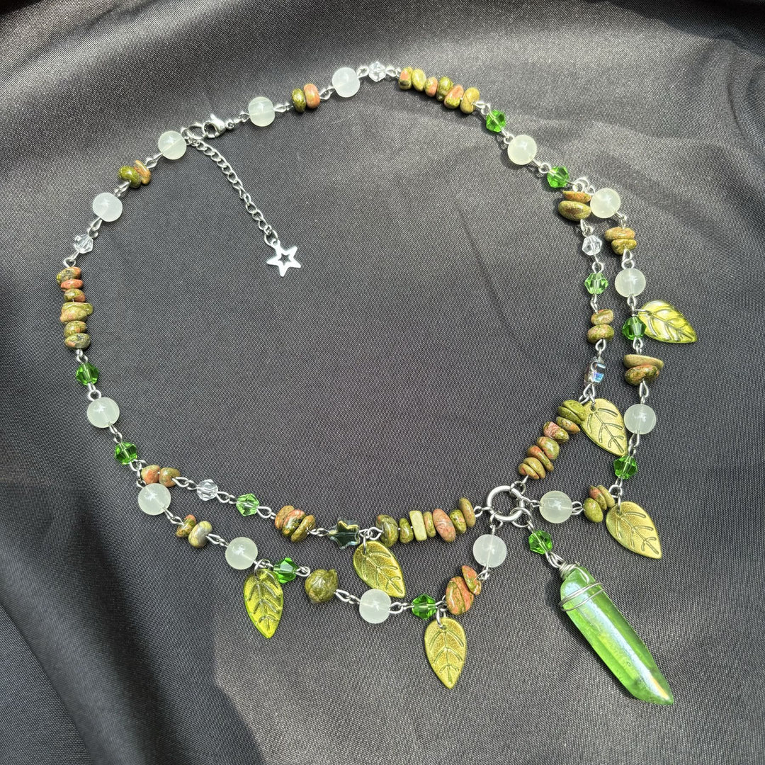 Collier ras du cou multicouche en cristal transparent Unakite et feuille Olivenorma