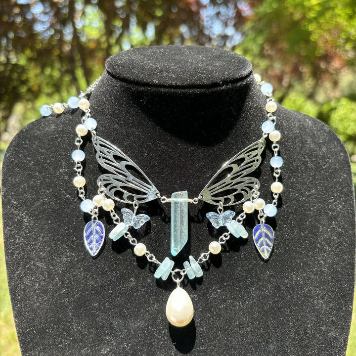 Collier ras du cou superposé avec ailes de fée aigue-marine Olivenorma