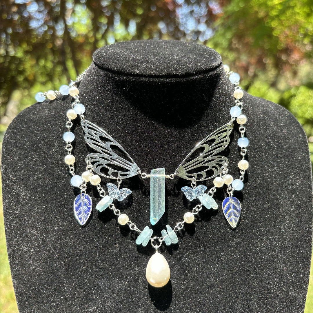 Collier ras du cou superposé avec ailes de fée aigue-marine Olivenorma