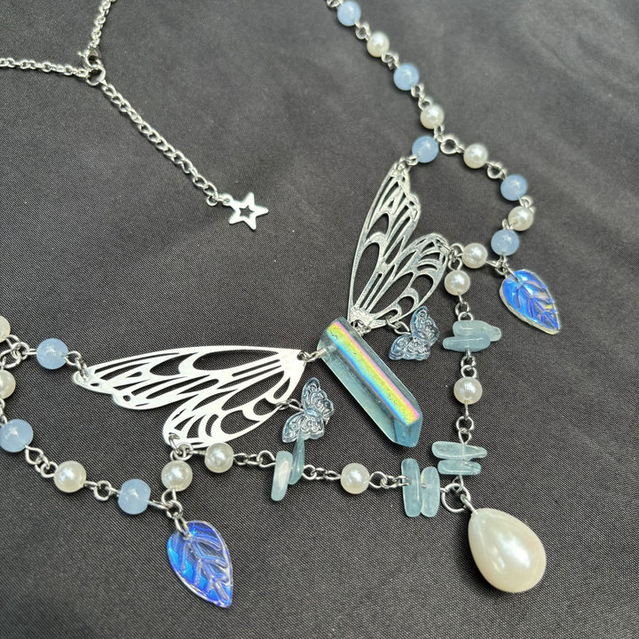 Collier ras du cou superposé avec ailes de fée aigue-marine Olivenorma