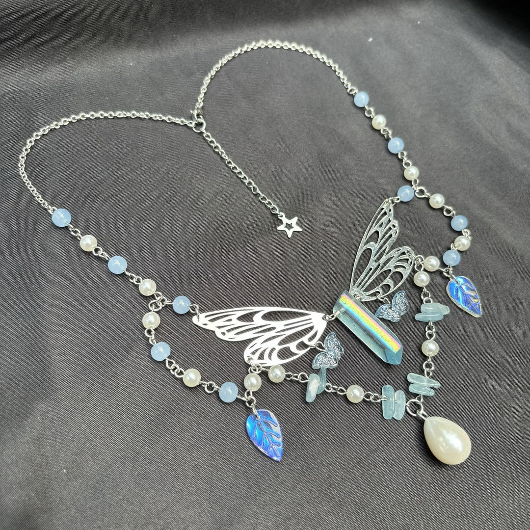 Collier ras du cou superposé avec ailes de fée aigue-marine Olivenorma