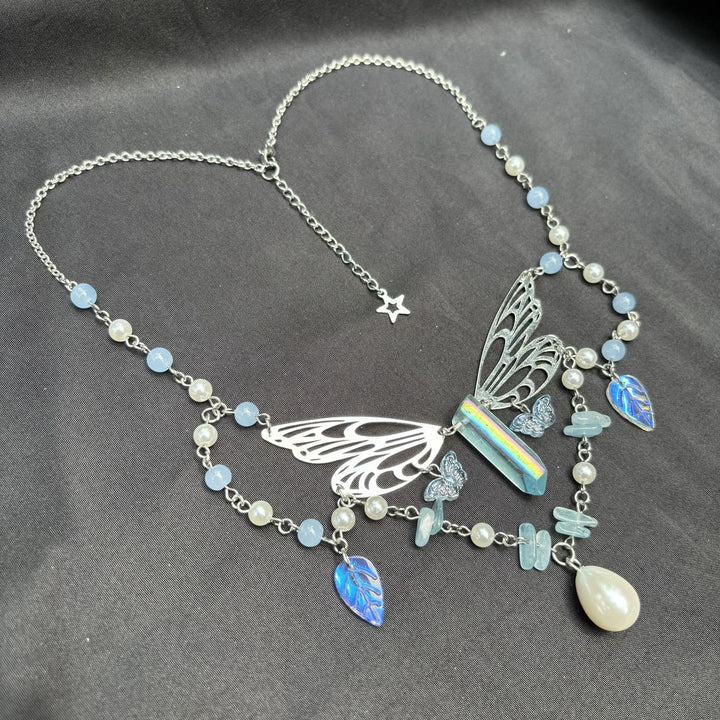 Collier ras du cou superposé avec ailes de fée aigue-marine Olivenorma