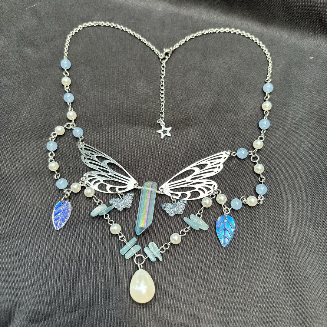Collier ras du cou superposé avec ailes de fée aigue-marine Olivenorma