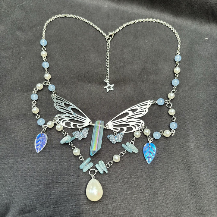 Collier ras du cou superposé avec ailes de fée aigue-marine Olivenorma