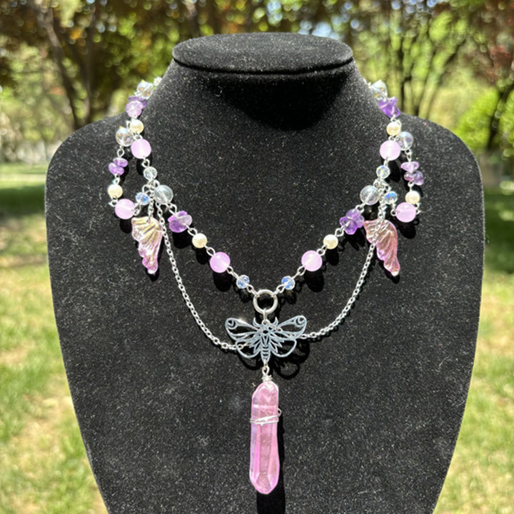 Collier ras du cou superposé papillon en cristal rose améthyste Olivenorma