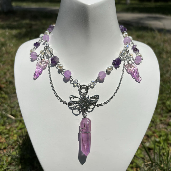 Collier ras du cou superposé papillon en cristal rose améthyste Olivenorma
