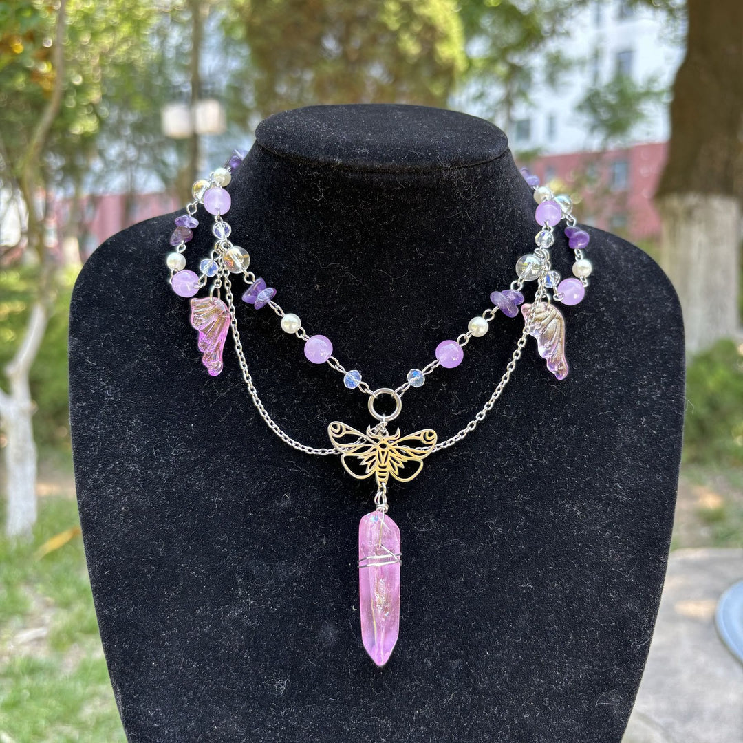 Collier ras du cou superposé papillon en cristal rose améthyste Olivenorma