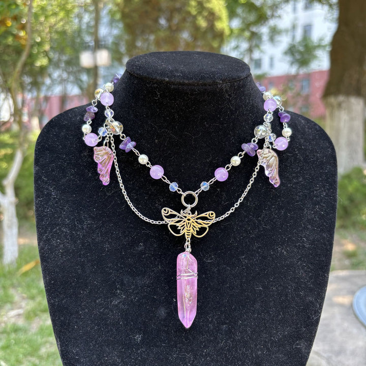 Collier ras du cou superposé papillon en cristal rose améthyste Olivenorma