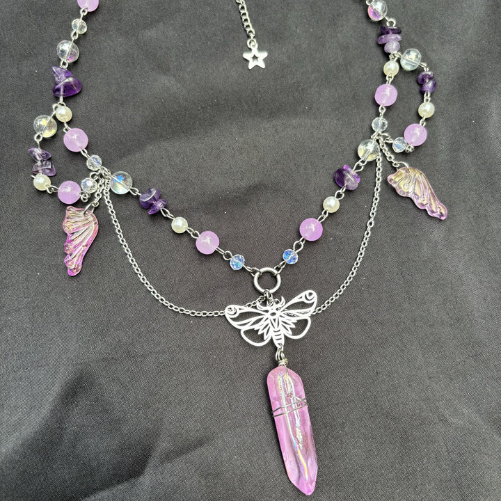 Collier ras du cou superposé papillon en cristal rose améthyste Olivenorma