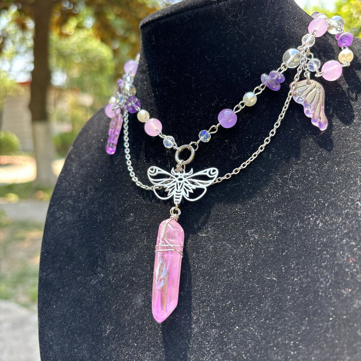 Collier ras du cou superposé papillon en cristal rose améthyste Olivenorma