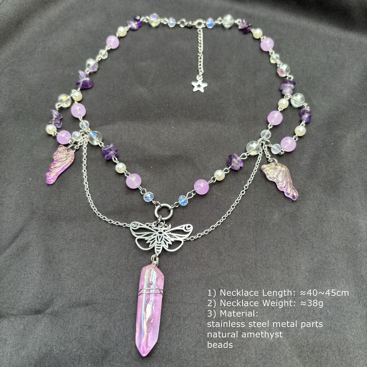 Collier ras du cou superposé papillon en cristal rose améthyste Olivenorma