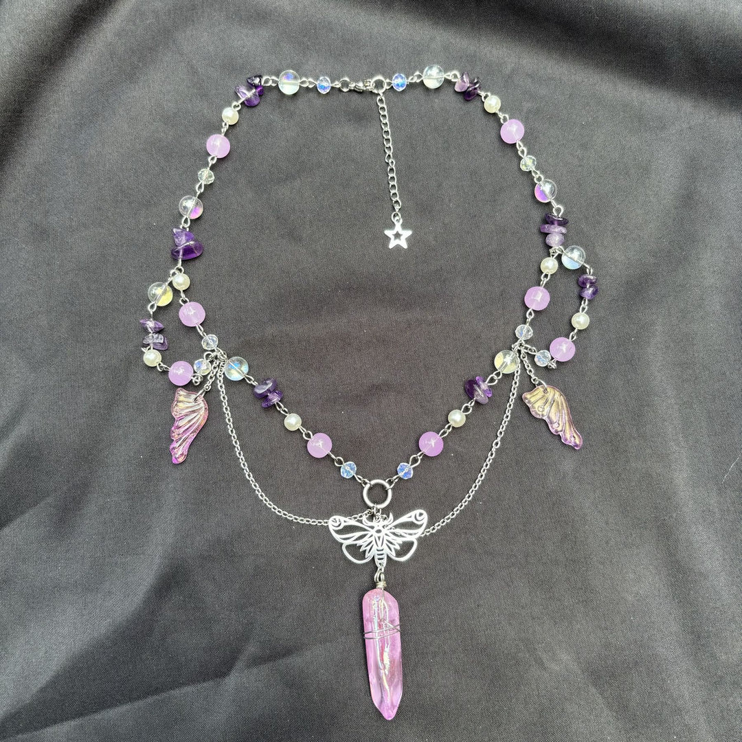Collier ras du cou superposé papillon en cristal rose améthyste Olivenorma