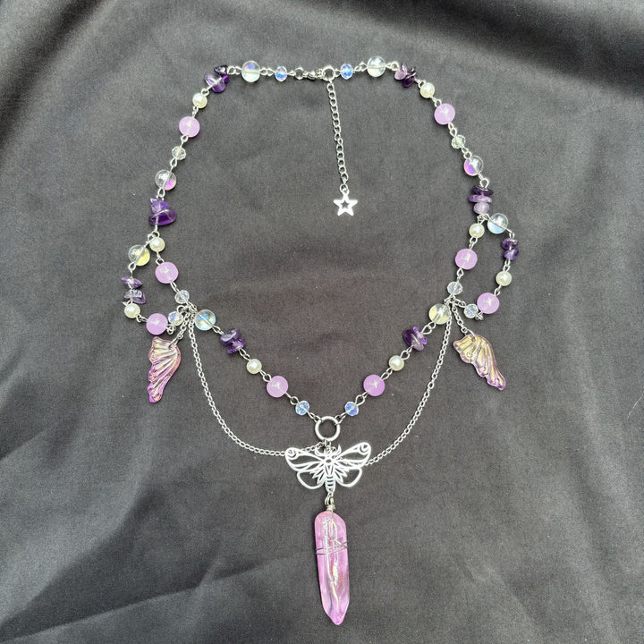 Collier ras du cou superposé papillon en cristal rose améthyste Olivenorma
